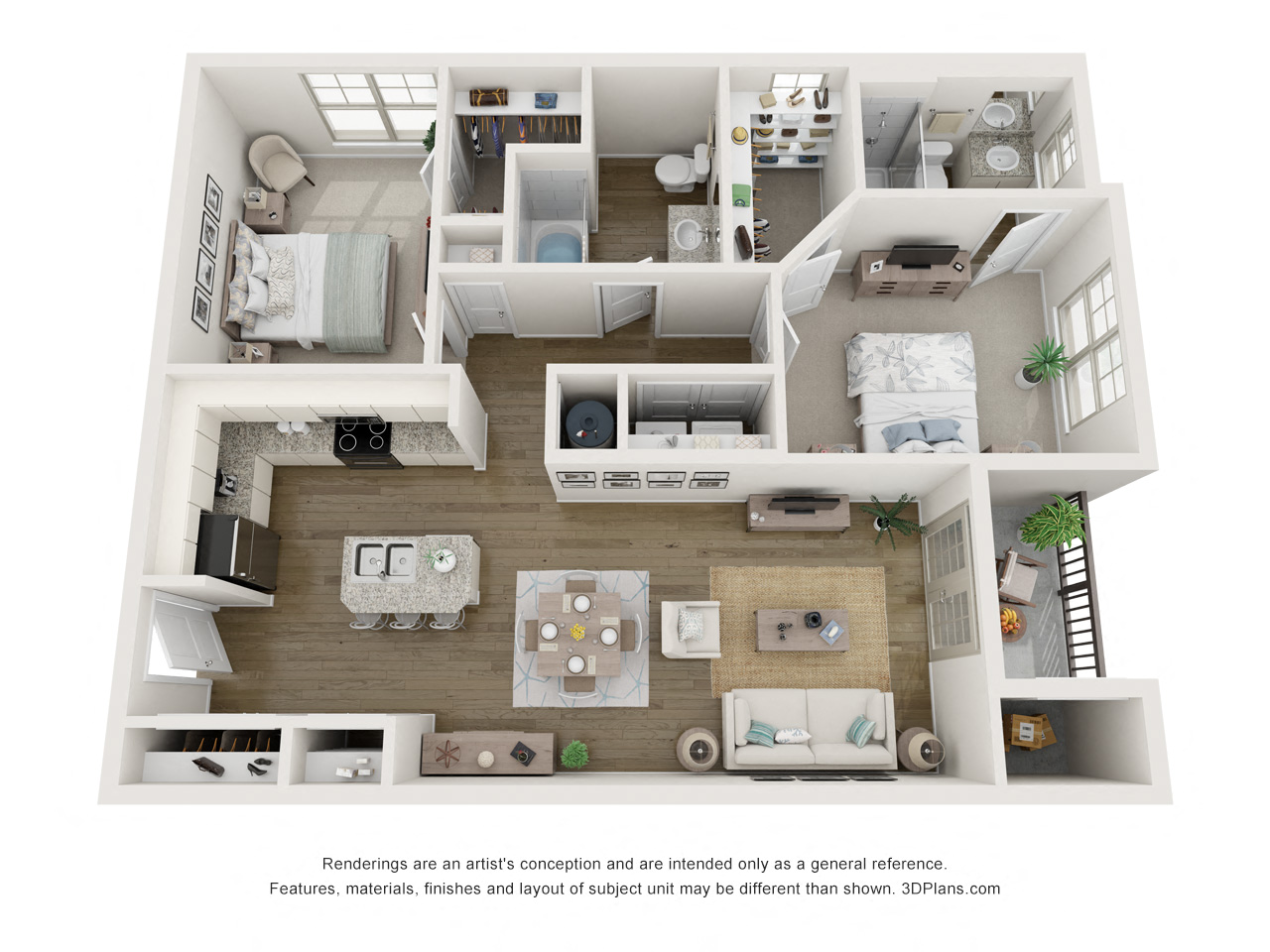 Floor plan for 2 beds, 2 baths, 1034 sqft